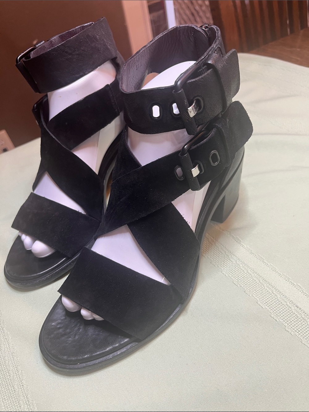 rag & bone Black Suede Crisscross Buckle Block Heels